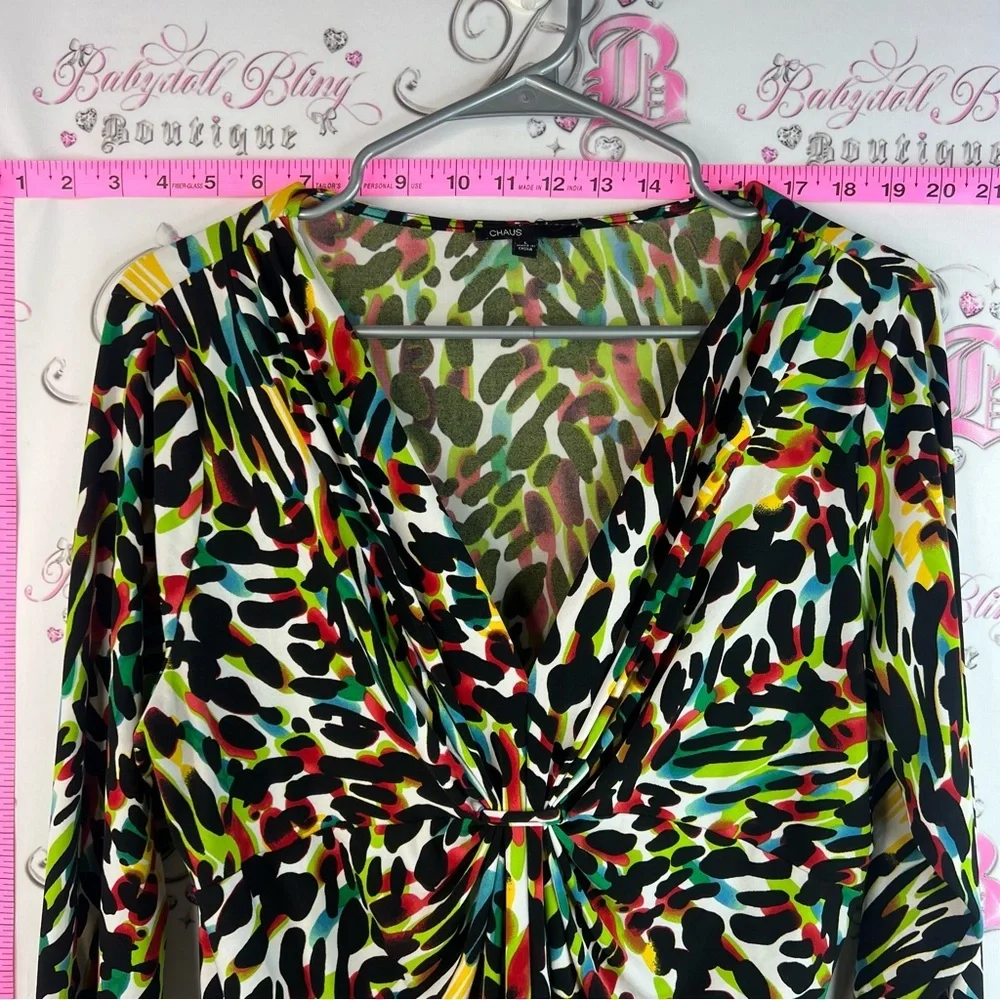 Chaus shirt blouse spotted dots Multicolor V-Neck Twist Front Long Sleeve Top - Picture 7 of 11